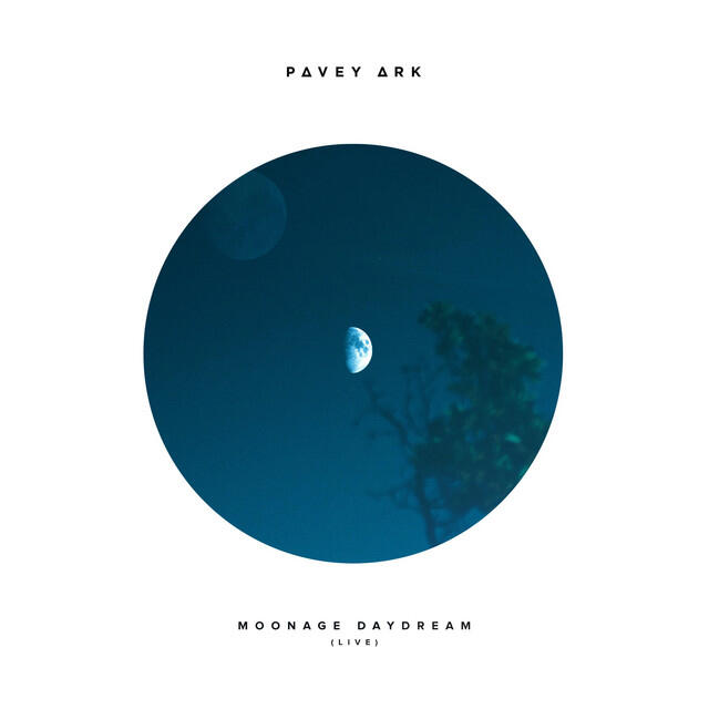 Moonage Daydream (Live) single artwork. A half moon is viewed through a circular aperture, with tree branches in the foreground.