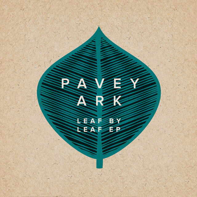 Leaf By Leaf EP artwork - the band name and EP title sit on a large illustrated leaf, on a textured cardboard background.