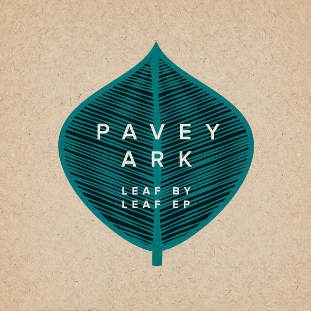 Leaf By Leaf EP artwork - the band name and EP title sit on a large illustrated leaf, on a textured cardboard background.